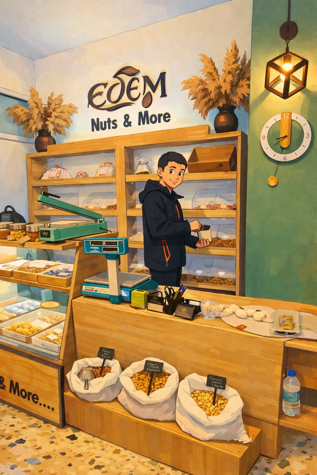 Εικόνα δημιουργημένη με την βοήθεια τεχνητής νοημοσύνης, σε στυλ Ghibli (Γκίμπλι), βασισμένη σε πραγματική φωτογραφία του ιδιοκτήτη του καταστήματος ξηρών καρπών Εδέμ, Αναστάσιου Μερτζανίδη, ο οποίος απεικονίζεται πίσω από τον πάγκο, να γεμίζει ένα σακούλι με ξηρούς καρπούς. Επίσης, απεικονίζονται διάφορα προϊόντα του μαγαζιού.